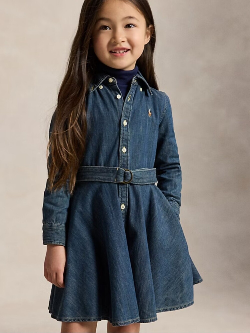 POLO RALPH LAUREN Girls Belted Denim Button Down Embroidered Pony Shirt Dress